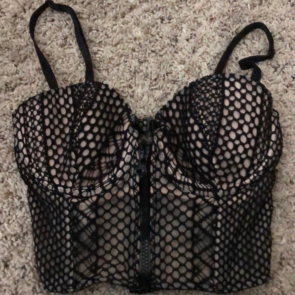 Victoria Secret Black/ Nude Lace Crop Top Zipper